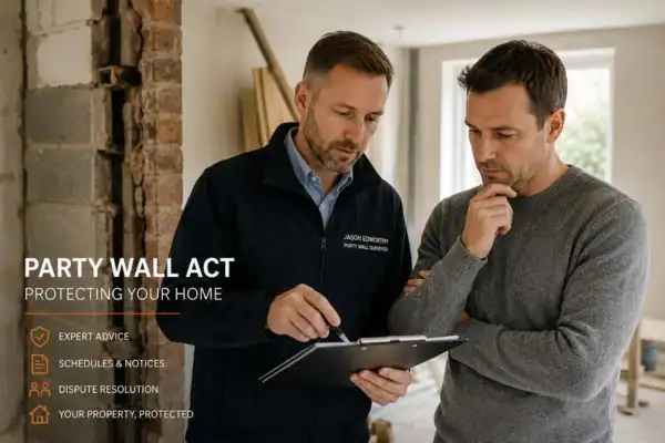Party wall surveyor Stourport-on-Severn discussing extension plans with homeowner outside a UK semi-detached house.